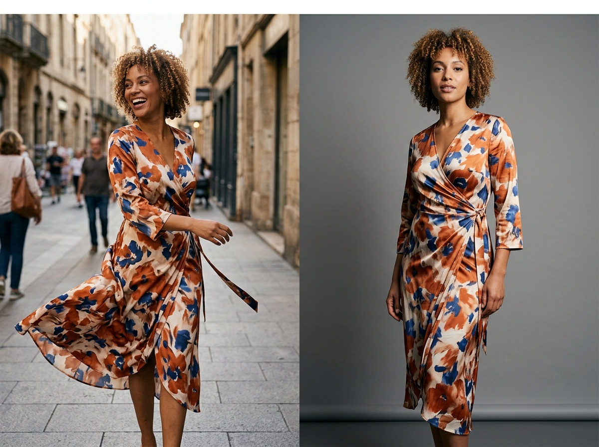 A side-by-side comparison of a lifestyle vs. a studio on-model ad for a fashion brand, showing the impact on ROAS.