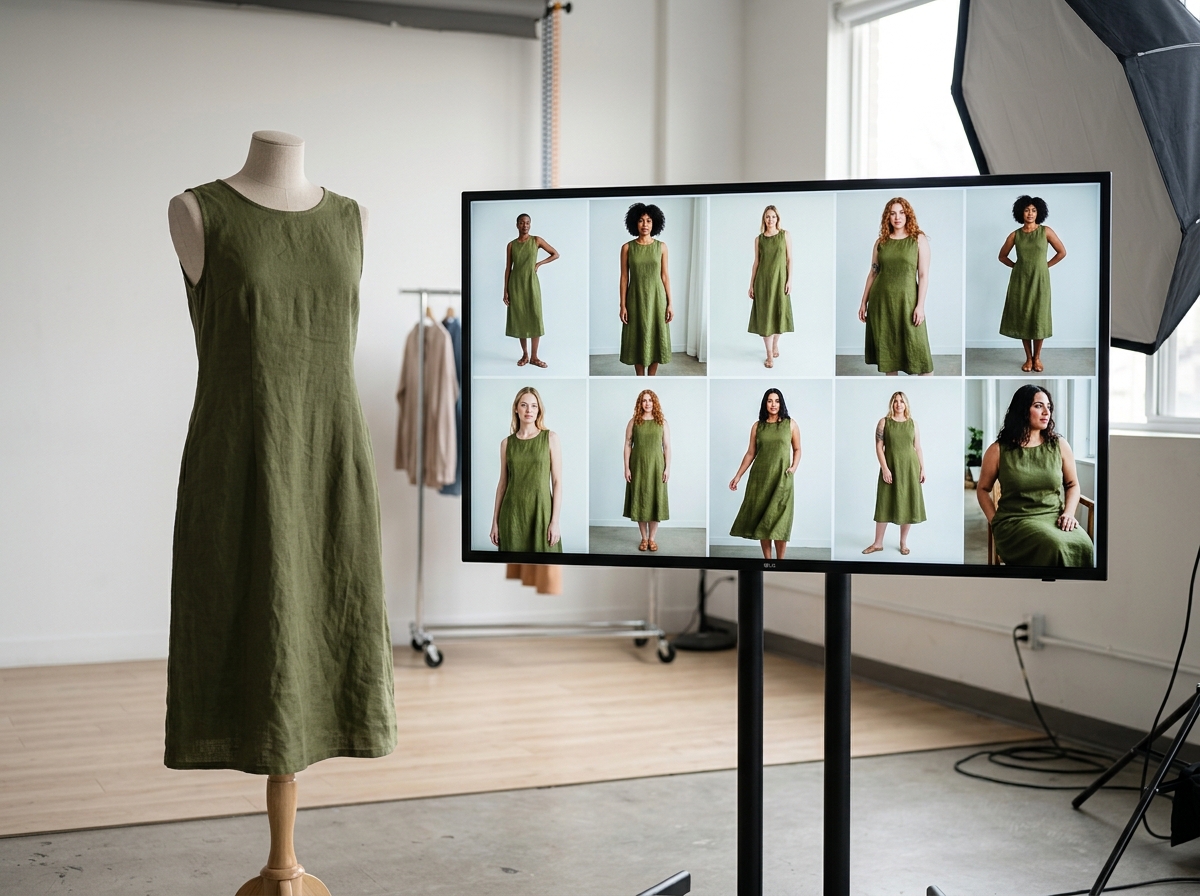 A visual representation of how AI reduces fashion product image costs by turning a single product shot into multiple on-model images.