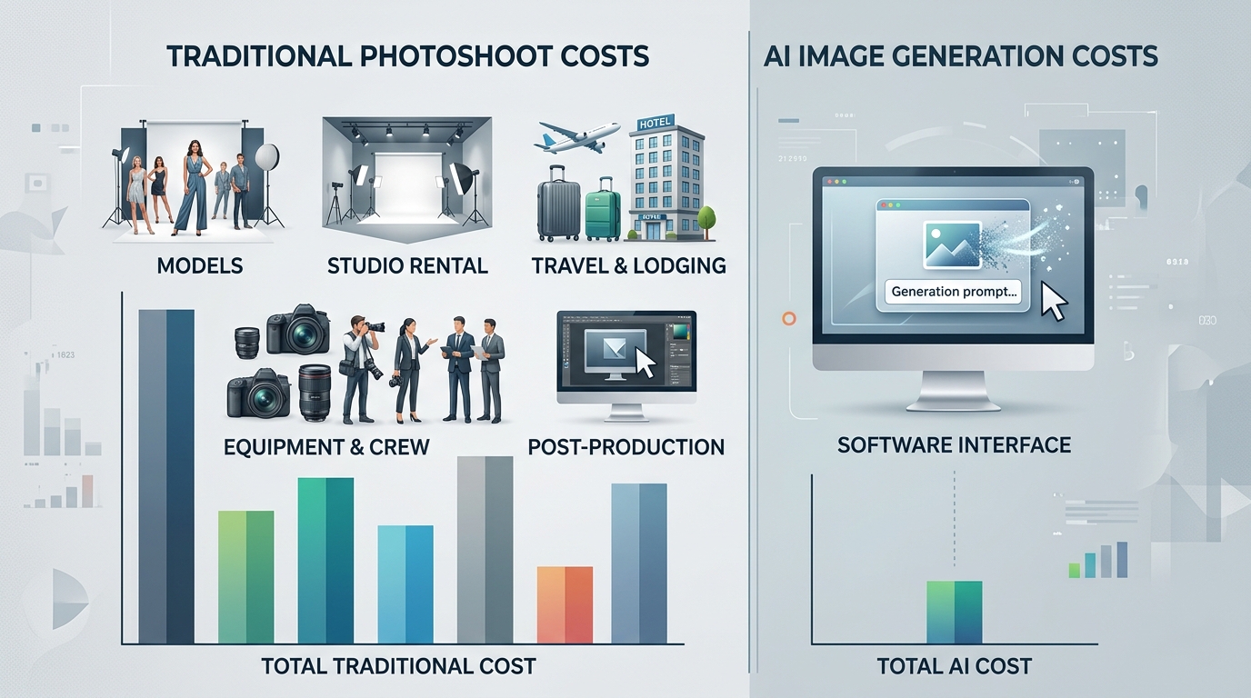 A comparison of costs between AI photography and traditional photoshoots for fashion brands.