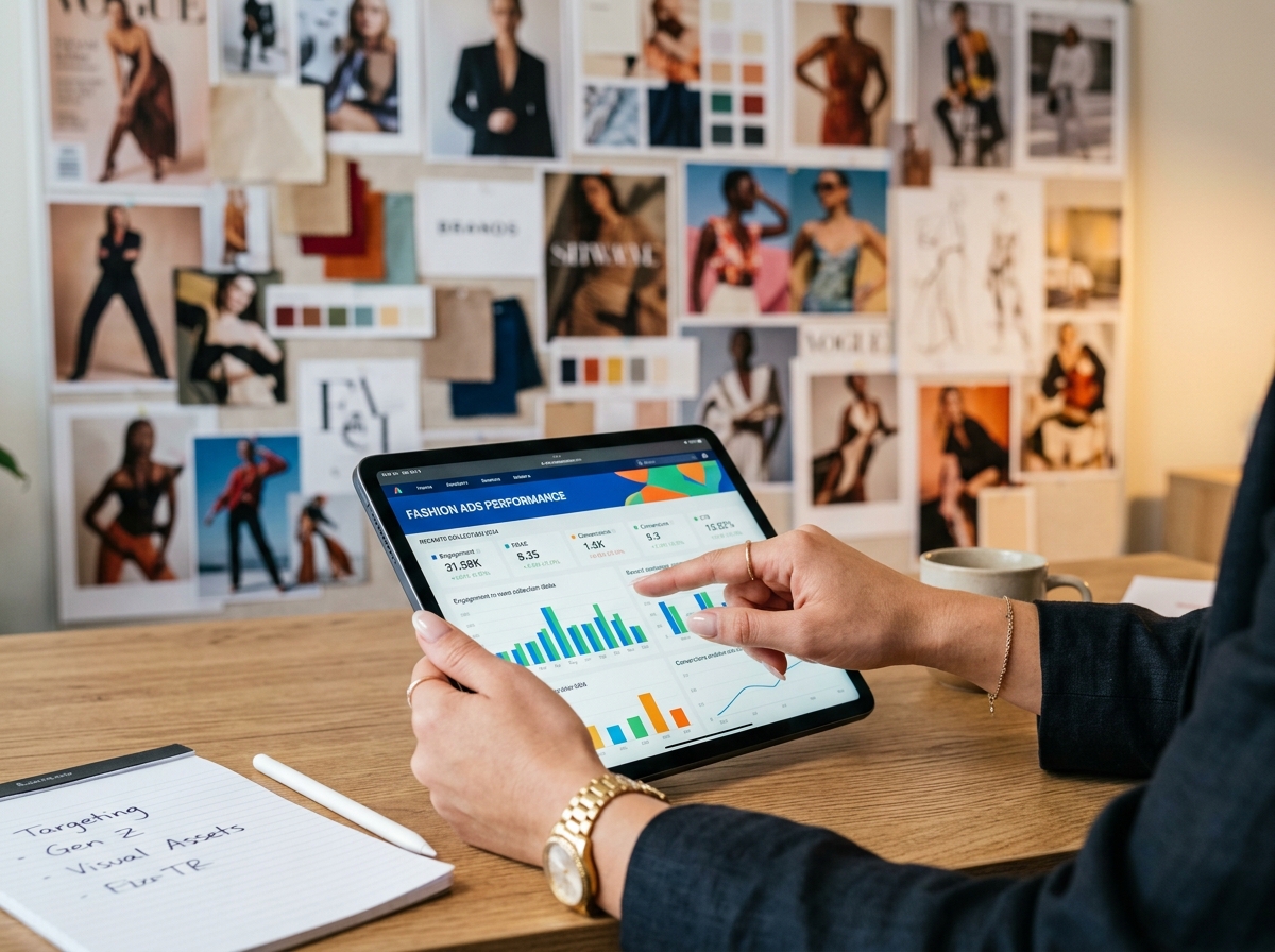 A creative strategist analyzing fashion ad campaign metrics on a digital tablet.