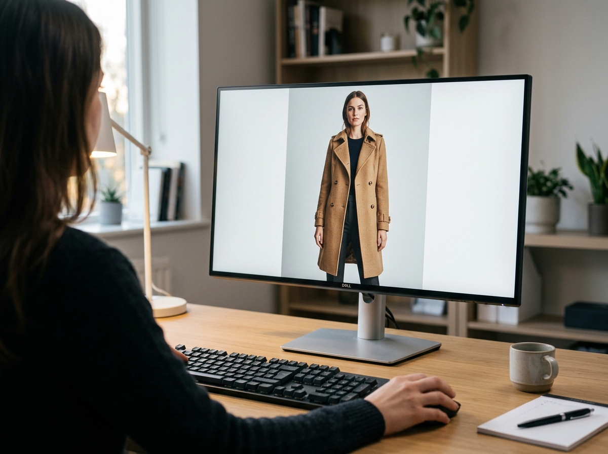 A person reviewing fashion product images on a computer screen to ensure they meet marketplace compliance standards.