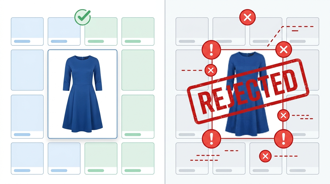 A comparison of a fashion product image that meets marketplace guidelines versus one that does not.