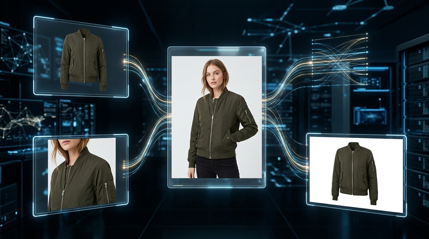 An illustration of an AI-powered system generating multiple compliant product images for different marketplaces from a single source file.