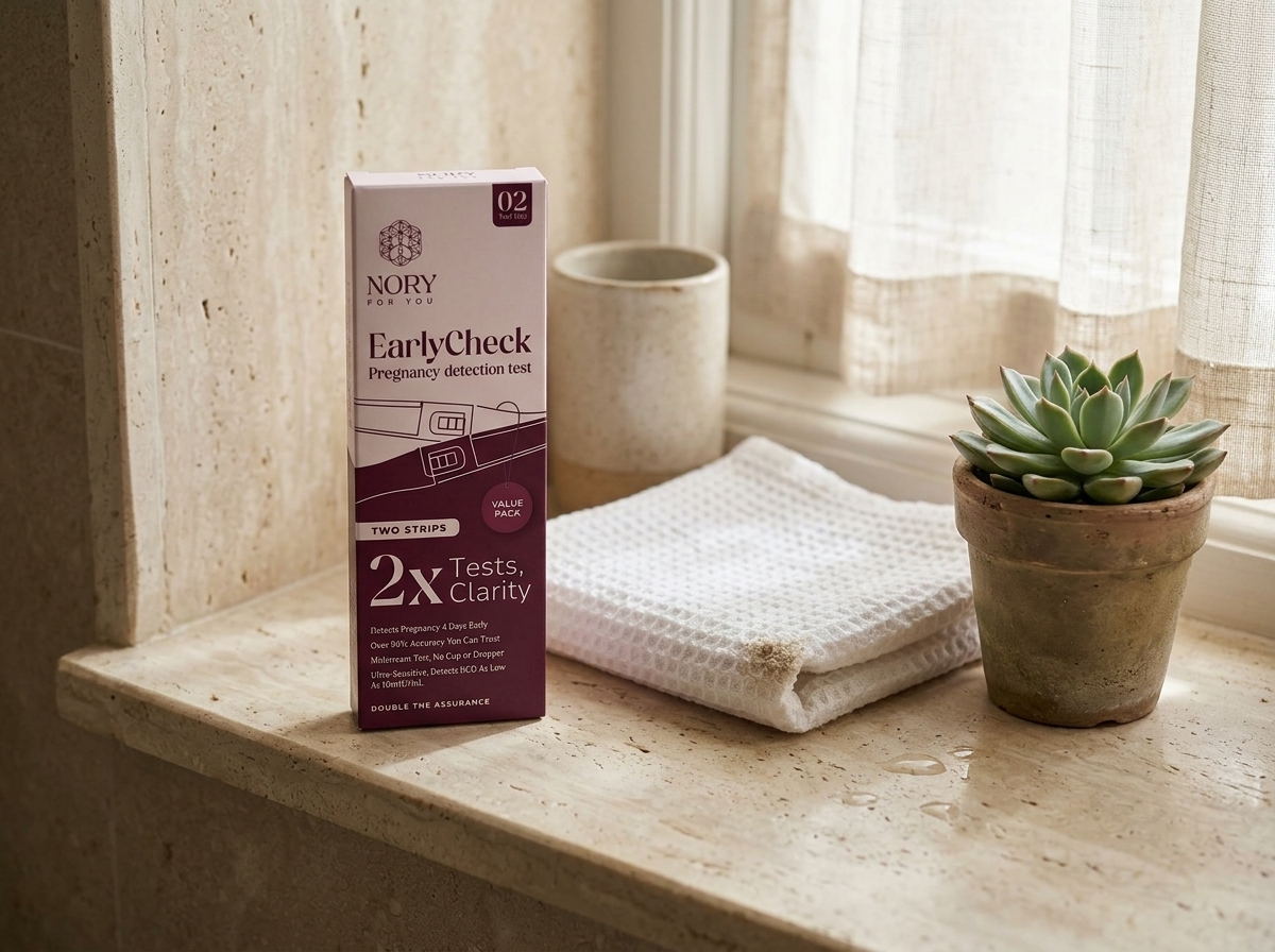 The Nory Pregnancy Test Kit packaging shown next to the easy-to-use testing device.
