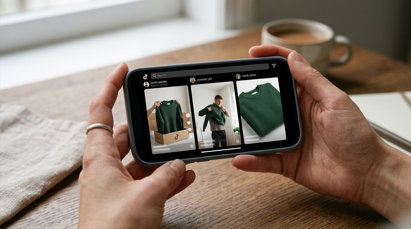 A mobile screen showing an A/B test of different TikTok ad hooks for a fashion product.