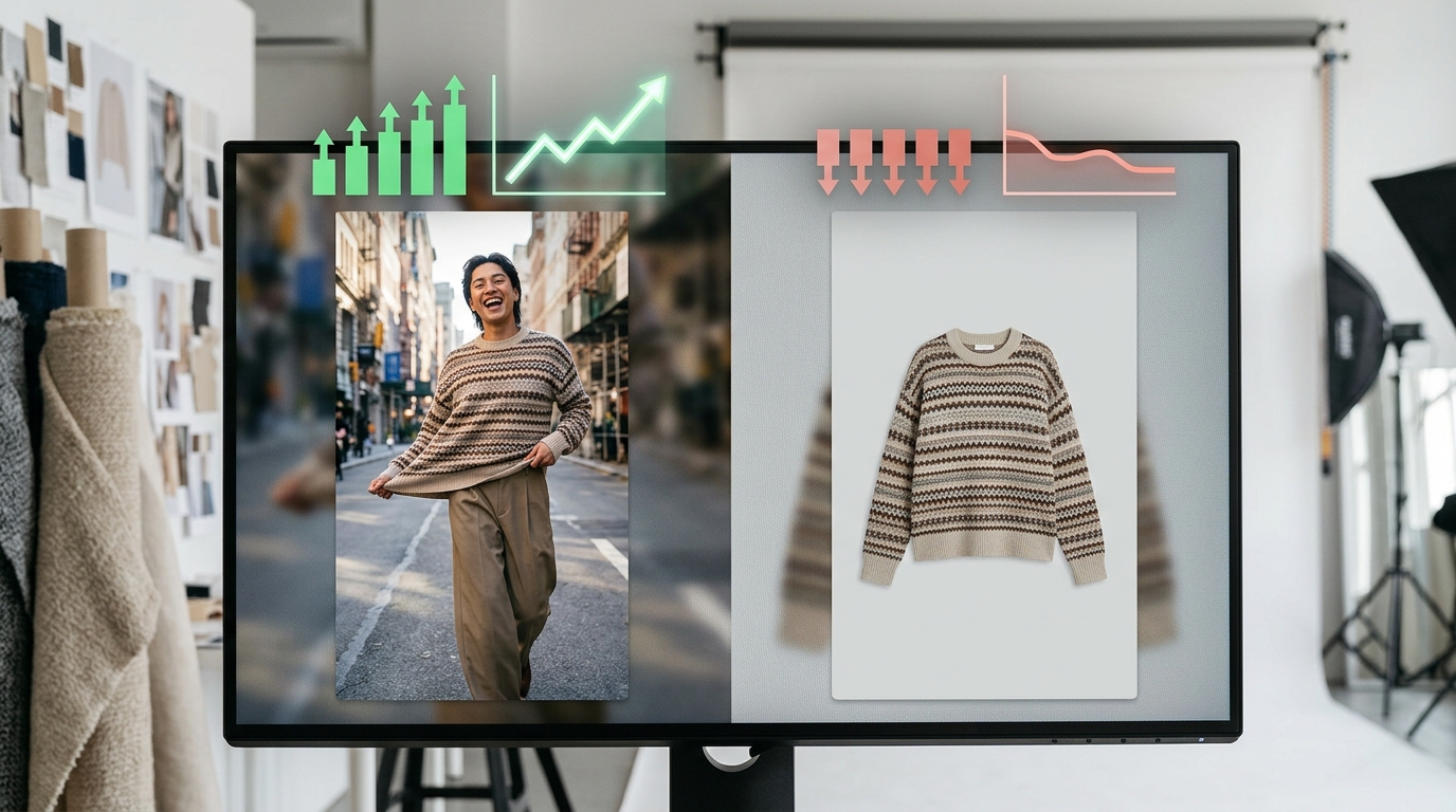 A comparison of a winning versus a losing TikTok ad creative for a fashion brand, with abstract metrics showing performance differences.