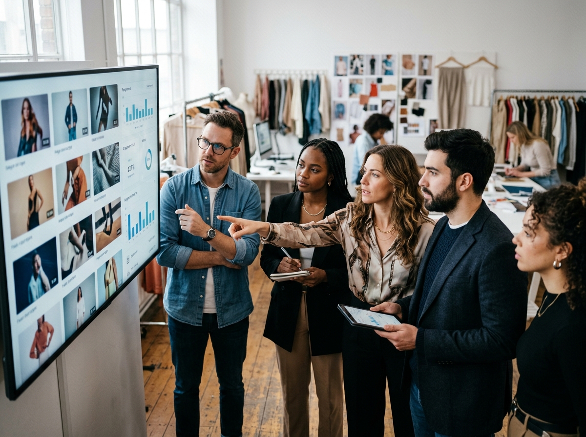 A team of fashion marketing experts analyzing video ad hook performance on a large screen.