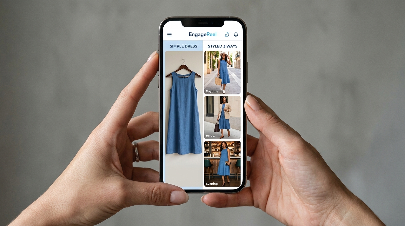 A split-screen view showing a before-and-after of a fashion product, a proven video ad hook type.
