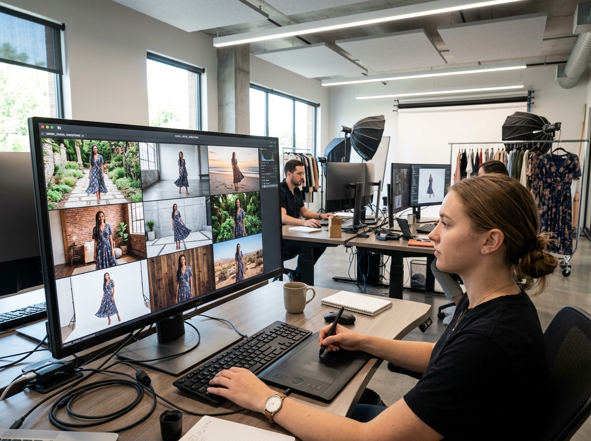 A grid of fashion product images on a large monitor, showcasing AI background replacement for a single garment.