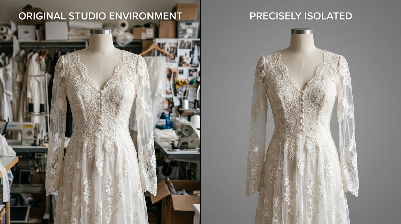 A split-screen comparison showing a lace dress before and after AI background removal, highlighting the preservation of intricate details.
