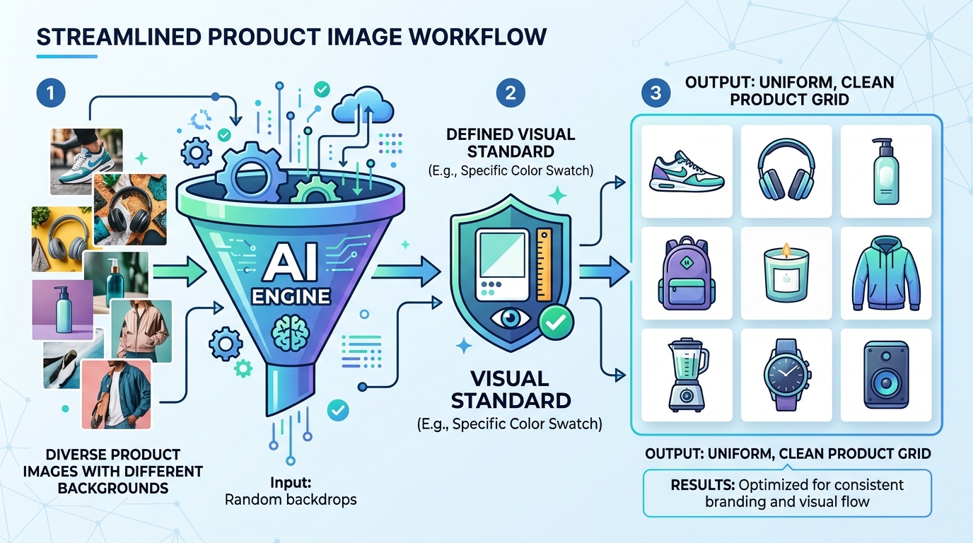 A workflow diagram showing how AI applies a consistent background standard to a large batch of diverse fashion product images.