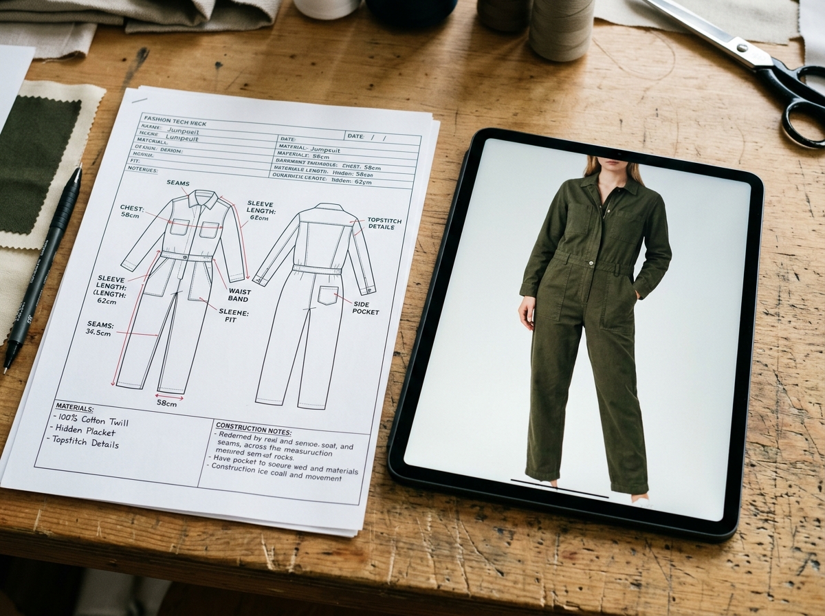 A tech pack for a garment lying next to a tablet showing the final photorealistic product image.