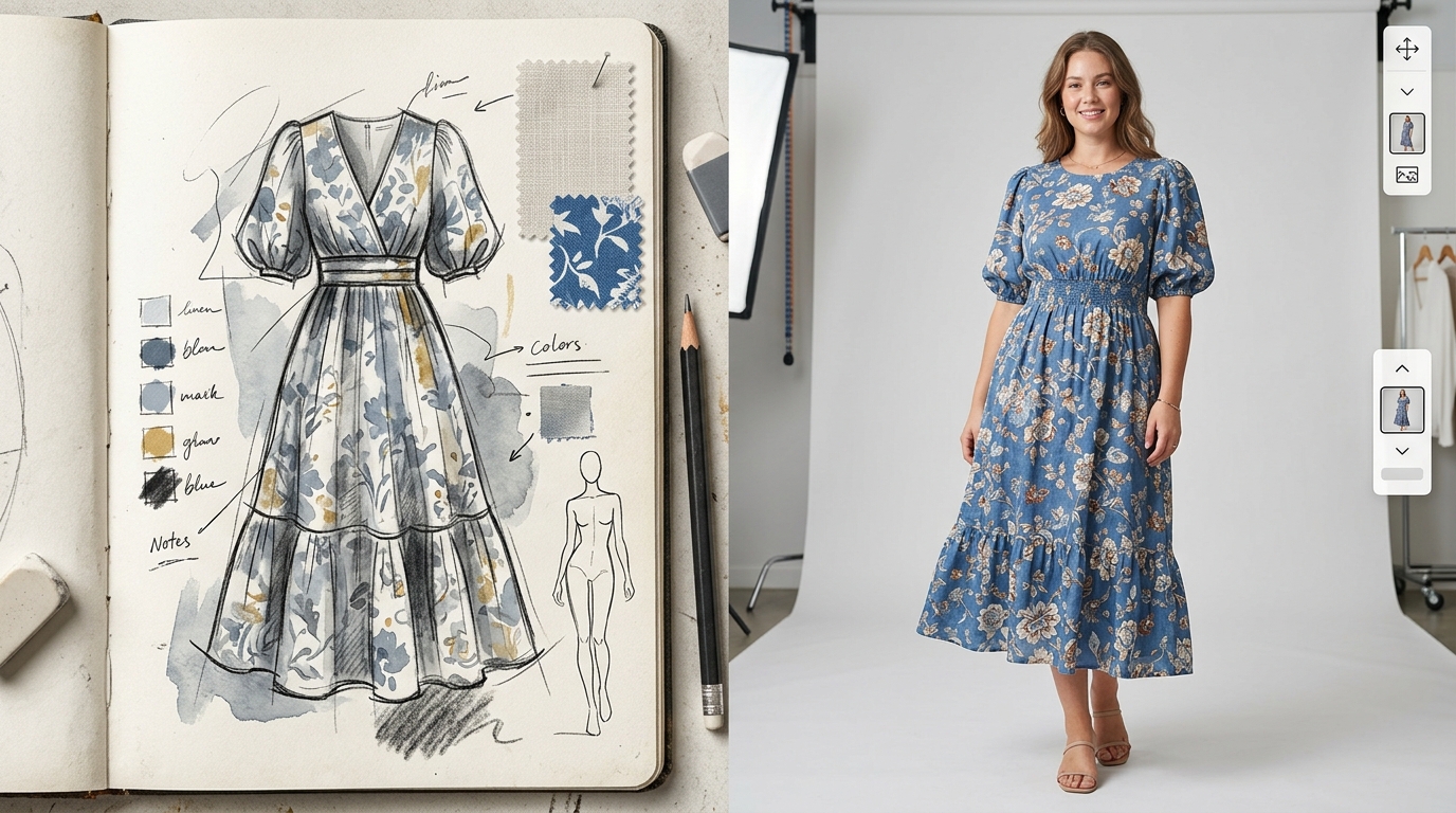 Comparison of a basic design sketch versus a high-quality, photorealistic product image ready for an e-commerce page.