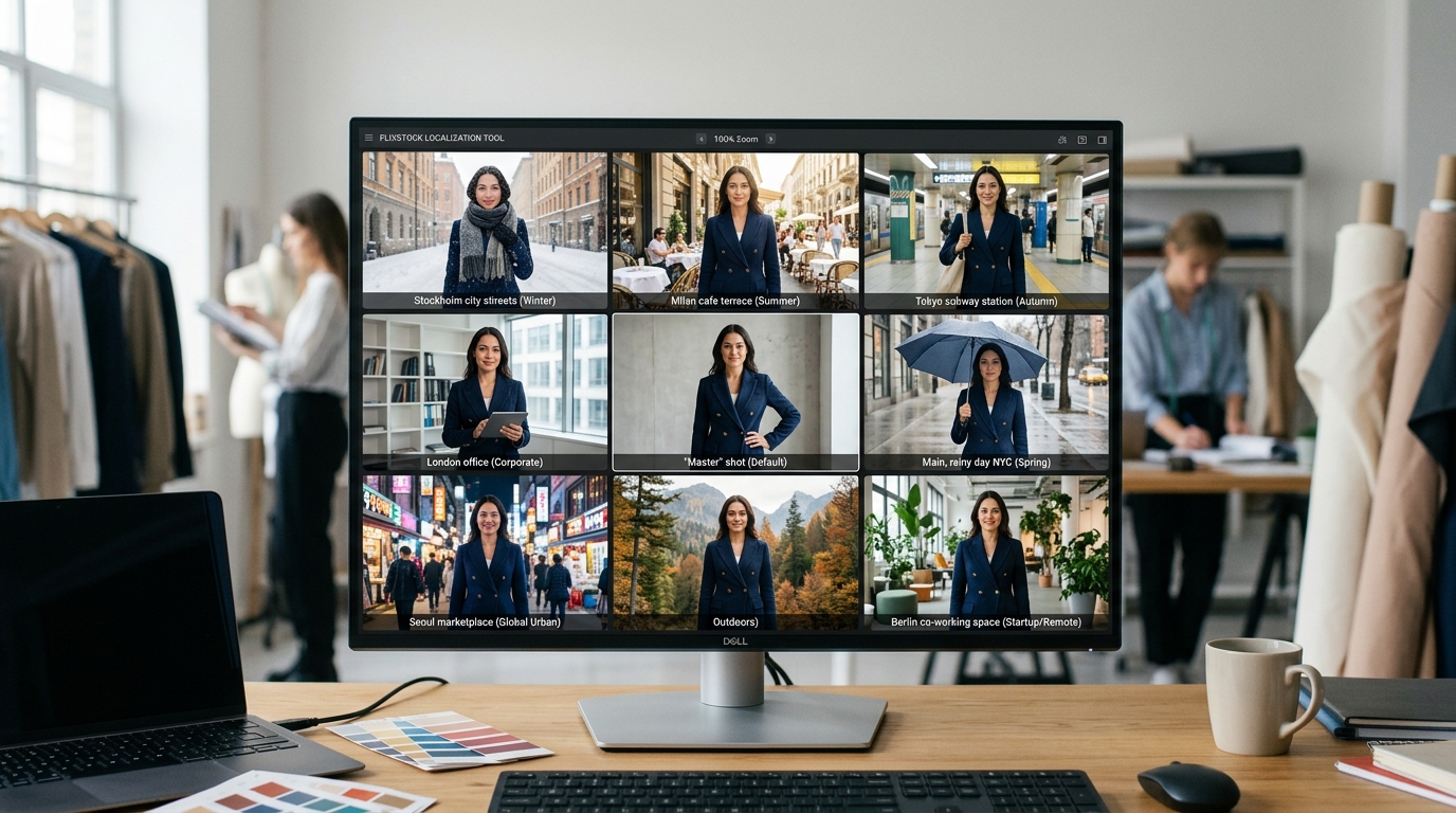 A grid displaying nine variations of a fashion product image, showing how it can be adapted for different markets and seasons from a single design.