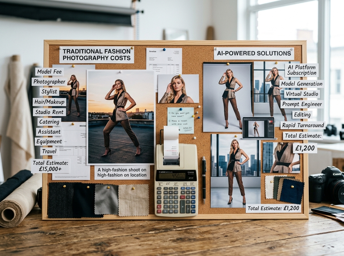 A moodboard comparing traditional fashion photography costs with AI-powered solutions, including fabric swatches and a calculator.