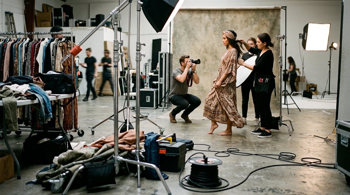 A busy studio during a traditional fashion photoshoot, highlighting the numerous hidden costs like crew and equipment.