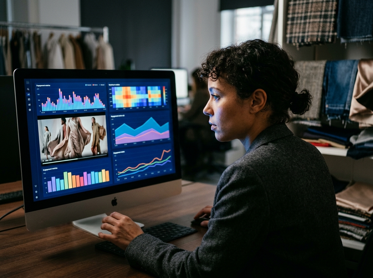 A creative strategist analyzing fashion video ad elements on a screen.