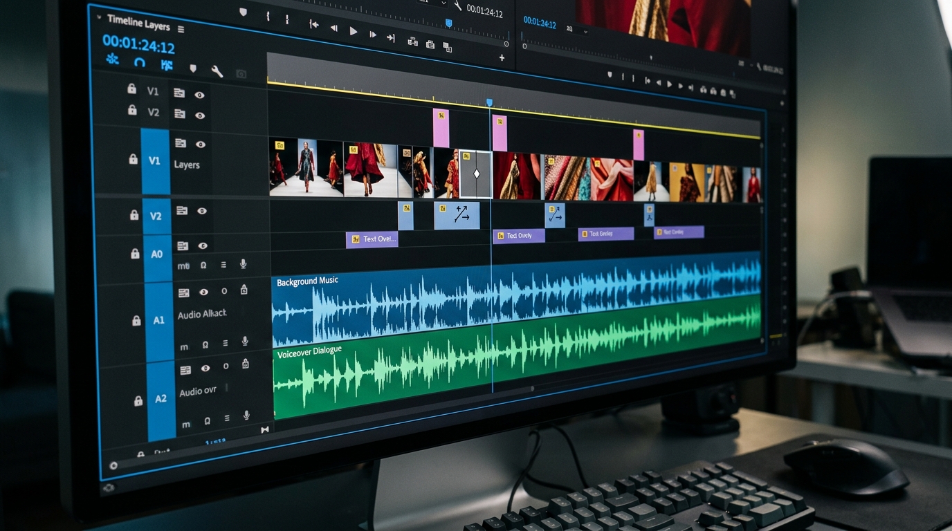 Editing a fashion video ad with text overlays and voiceover tracks.