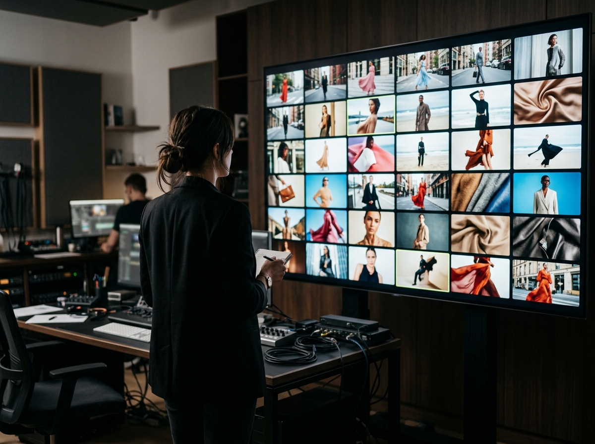 A creative director planning a fashion video ad shot list on a screen.