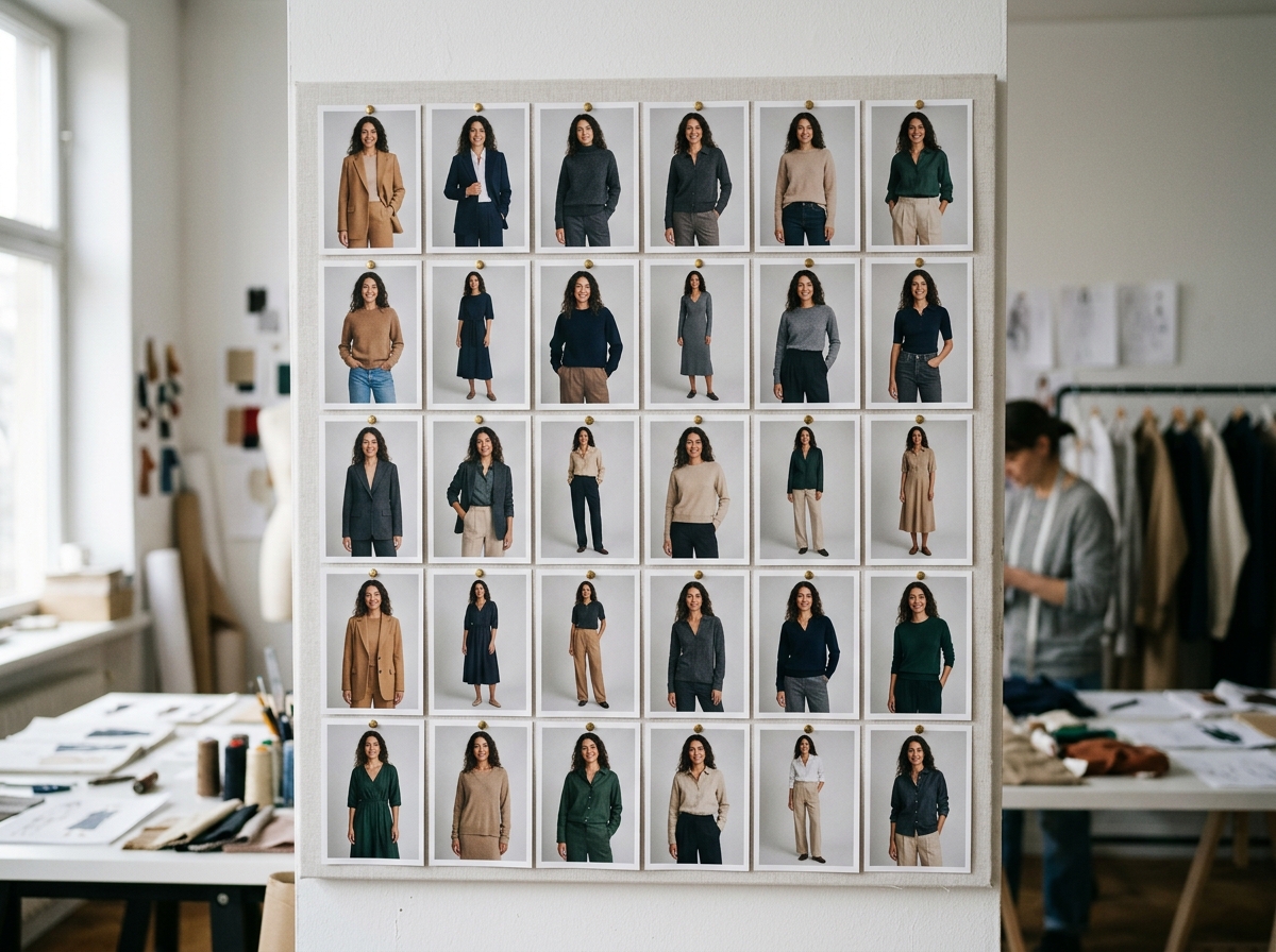 A mood board in a fashion studio showing a consistent visual theme for a product catalog.