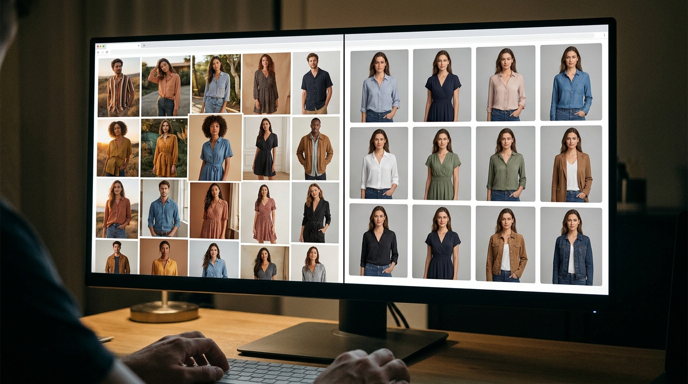 A split screen showing the difference between a consistent and an inconsistent fashion product catalog.