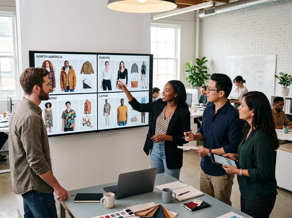 A team of merchandisers reviewing localized fashion product images on a large screen for different international markets.