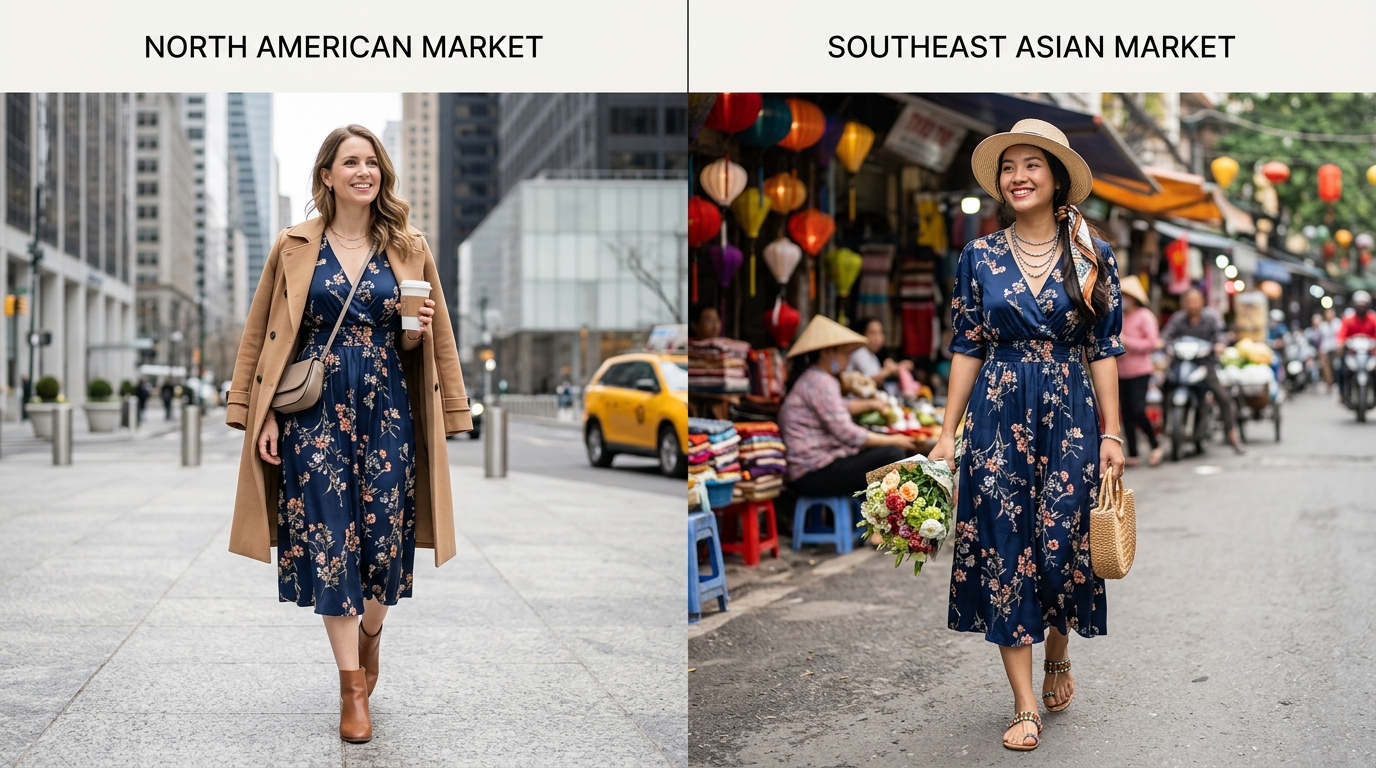 A split-screen comparison showing the same dress localized for two different markets with different models and backgrounds.