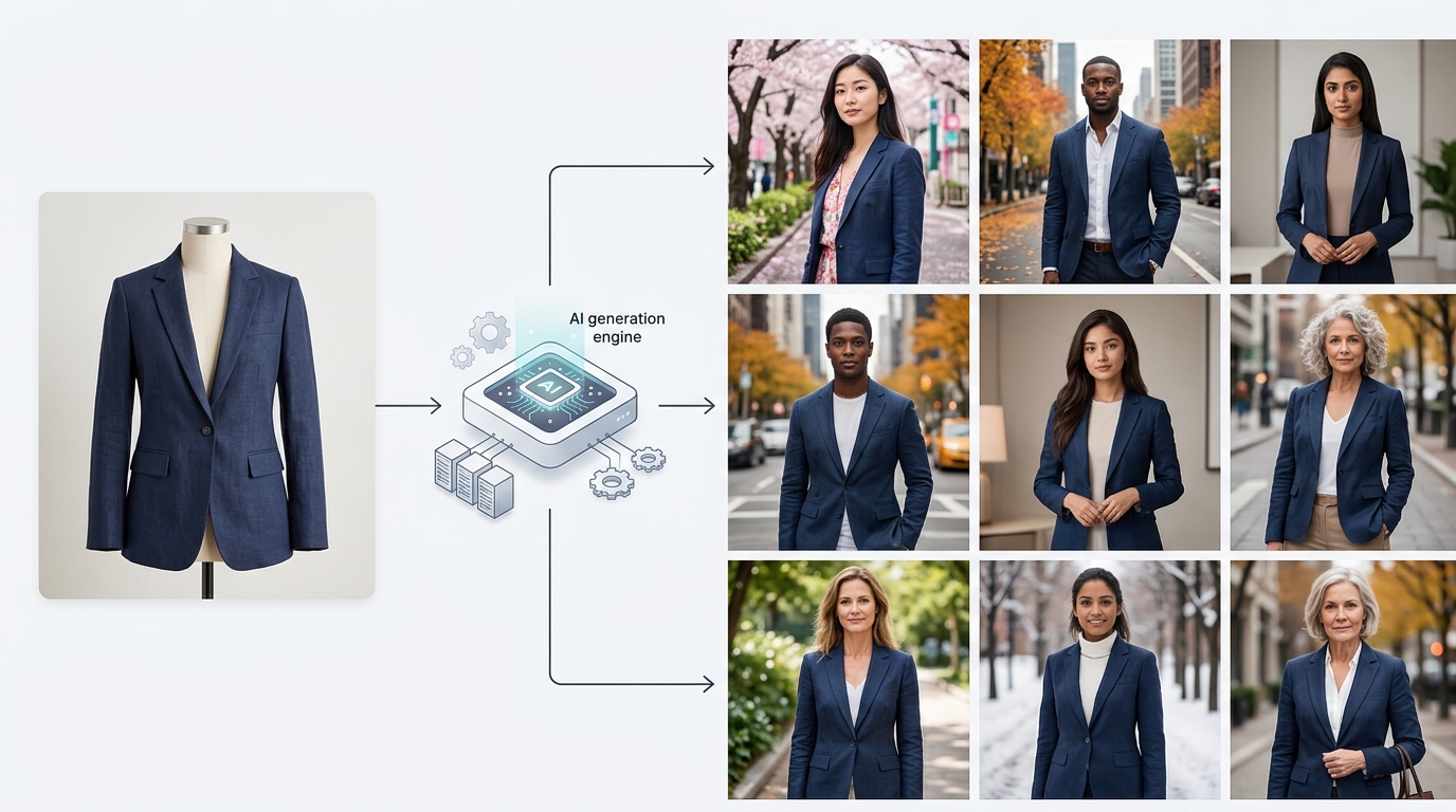 A diagram illustrating a scalable workflow for localizing fashion product images using a central AI platform.