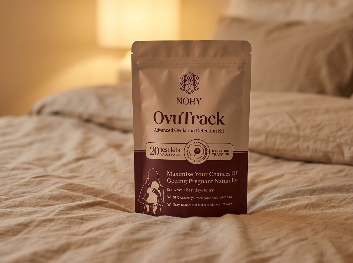 Close-up of the Nory OvuTrack Ovulation Test Kit packaging and test strips.