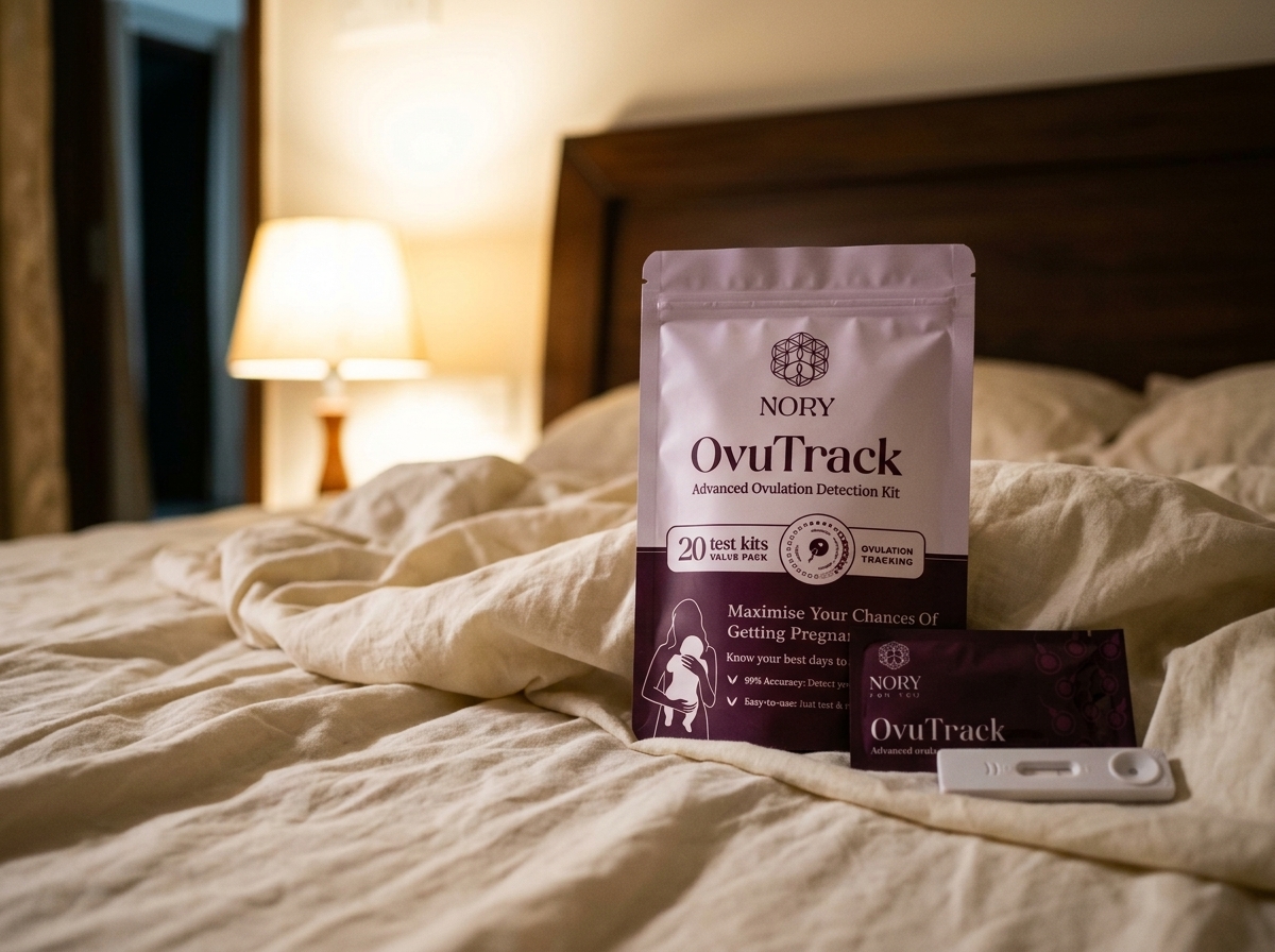 The Nory OvuTrack Ovulation Test Kit box and test strips.