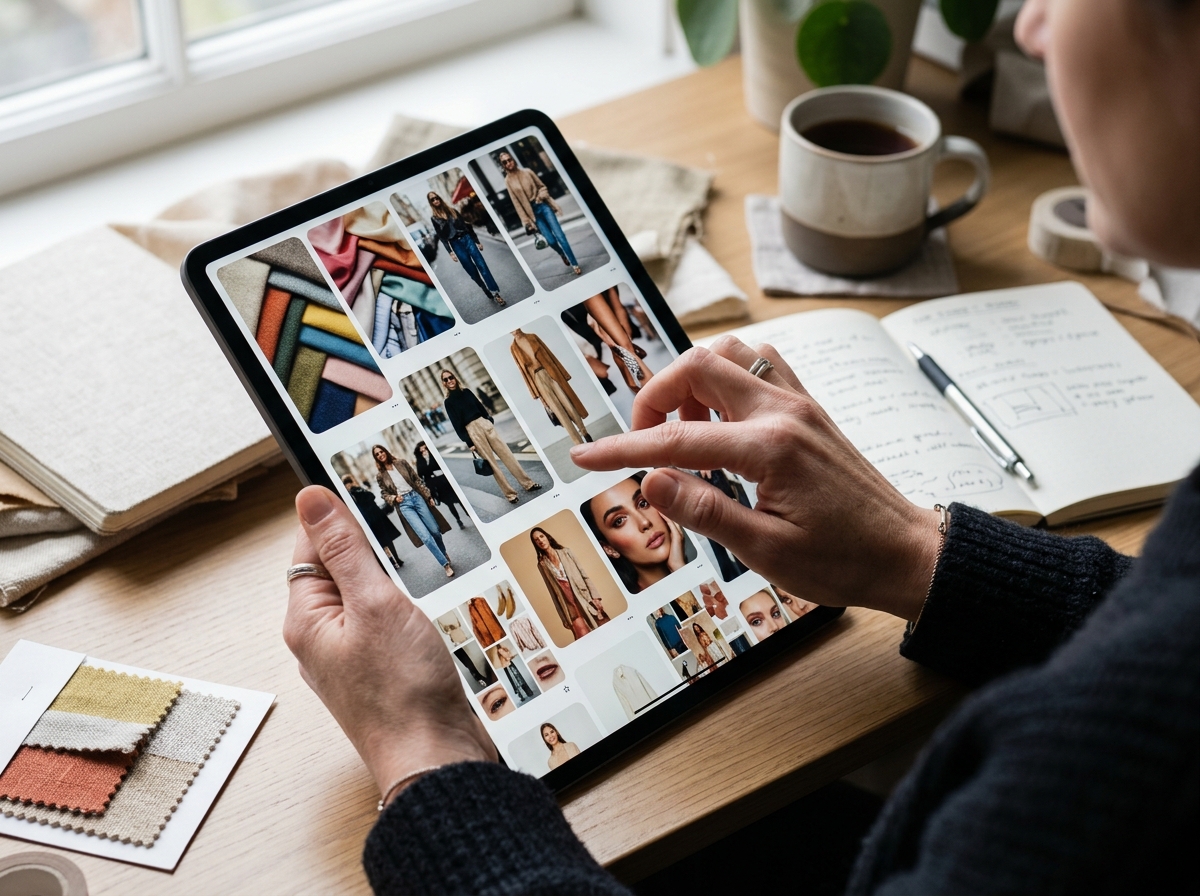 A marketing professional analyzing Pinterest ad creative for a fashion brand on a digital tablet.