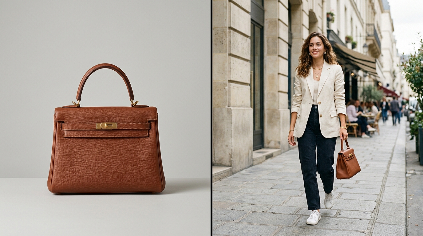 A split view of two Pinterest ad creatives, one showing a product-only shot and the other a lifestyle shot with a model.