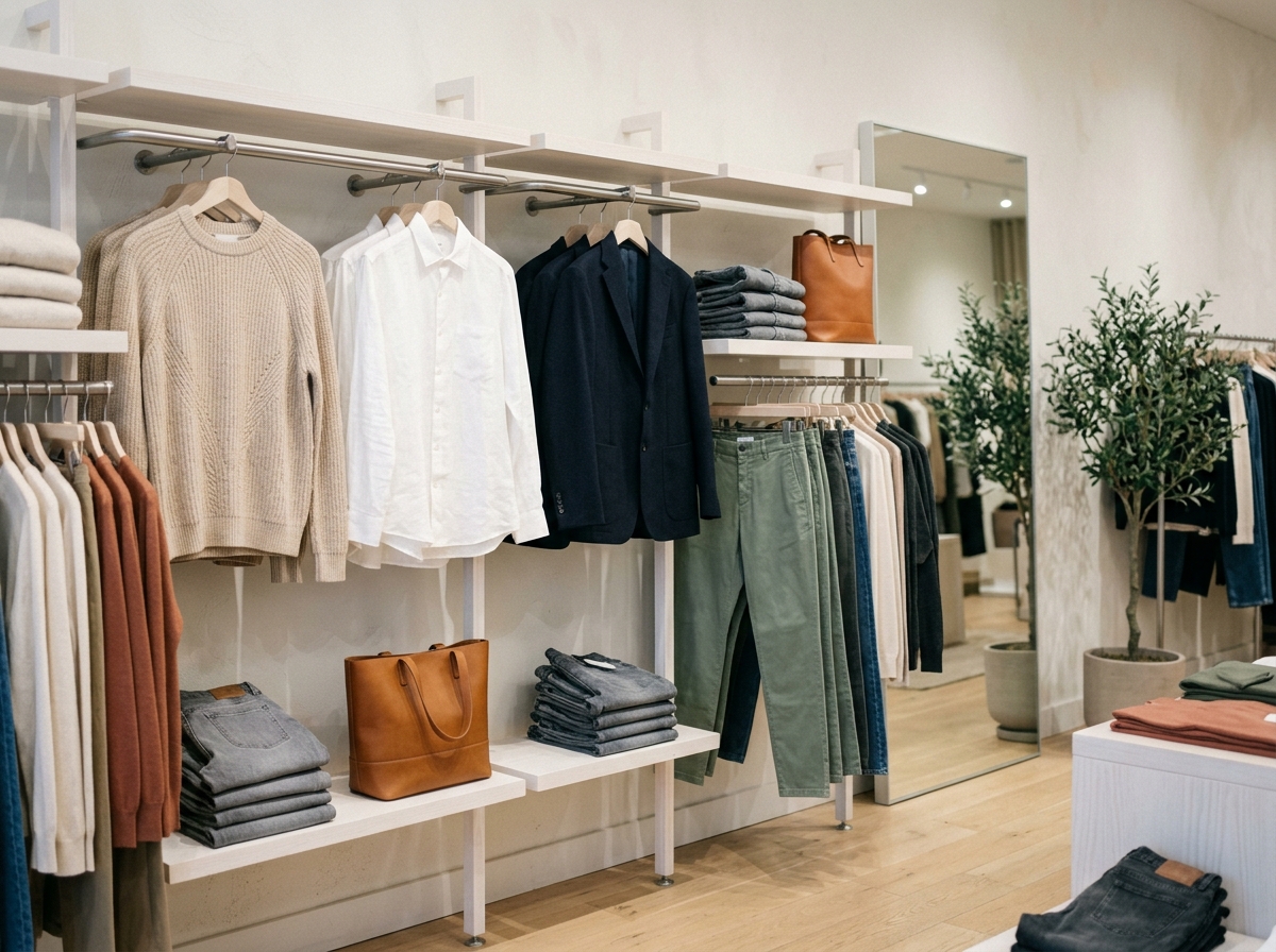 A collection of fashion garments displayed in a clean, modern retail setting, emphasizing quality and accuracy.