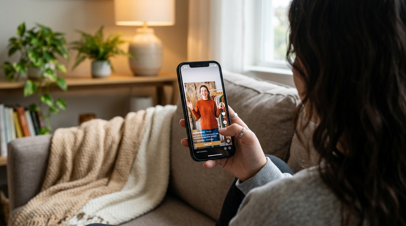 A person watching a try-on haul ad on their smartphone.