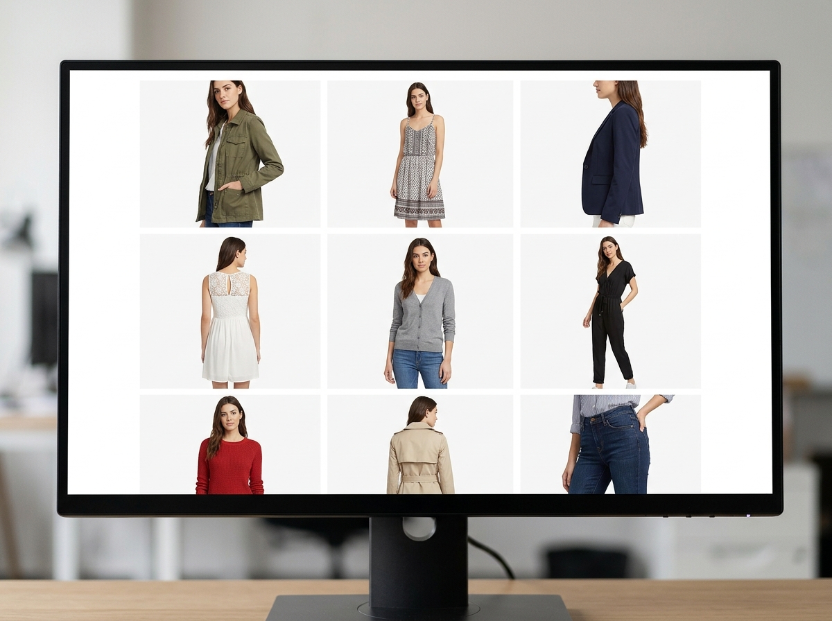 A grid of Amazon-compliant on-model fashion product images displayed on a computer screen.