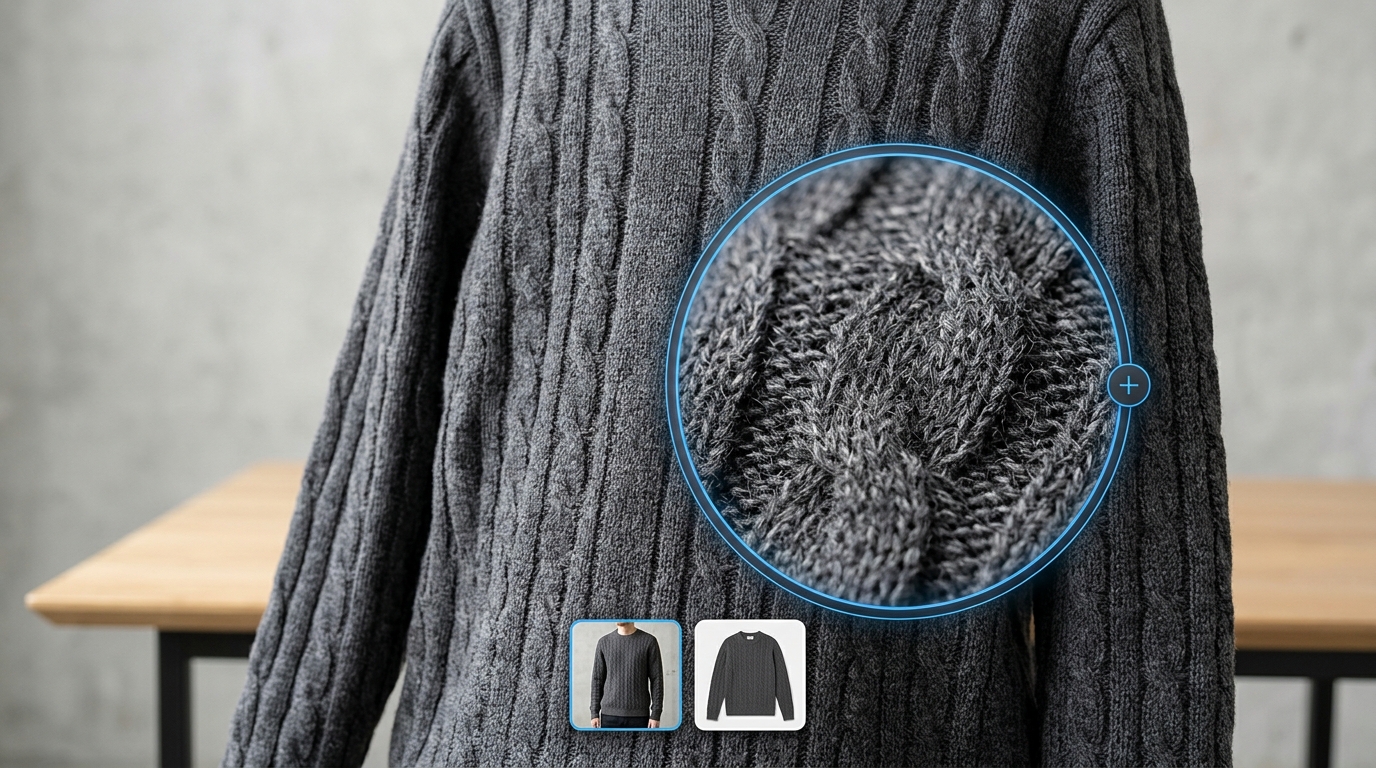 A computer screen showing a close-up on the sleeve of a sweater, demonstrating Amazon's zoom functionality for high-resolution images.