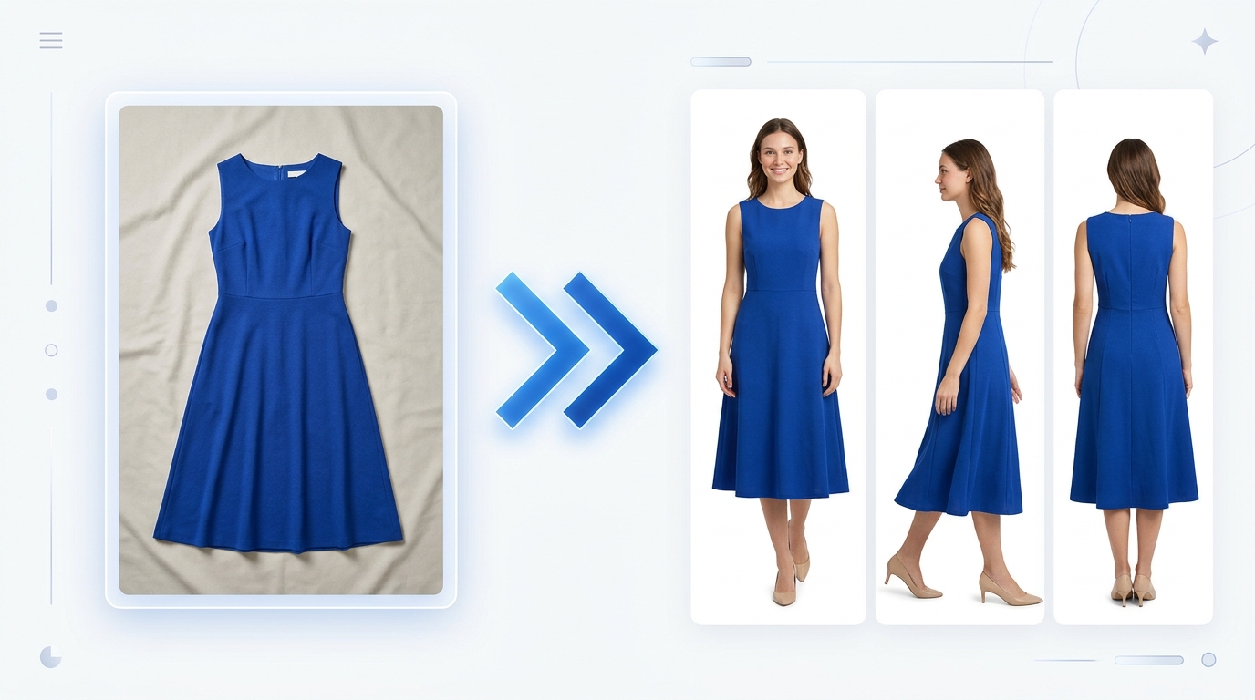 A diagram illustrating how a single photo of a garment can be used to generate multiple Amazon-compliant images, including on-model and detail shots.