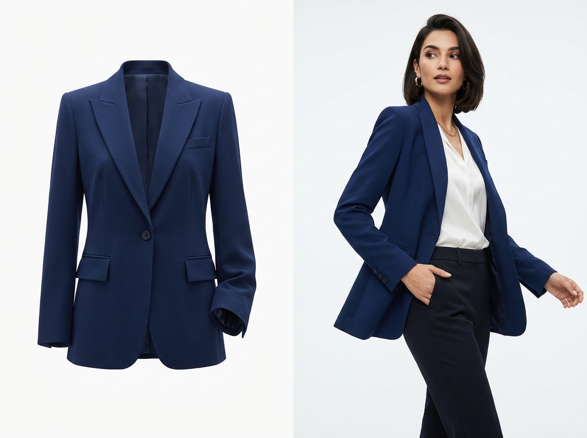 A side-by-side comparison of a blue blazer on a ghost mannequin and on a live model, illustrating the two main types of fashion product photography.