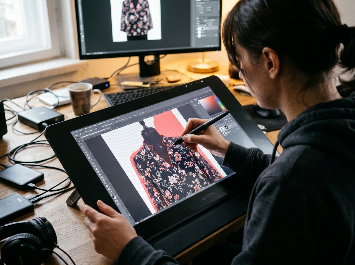 A photo editor using software to create a ghost mannequin effect on a clothing product image.