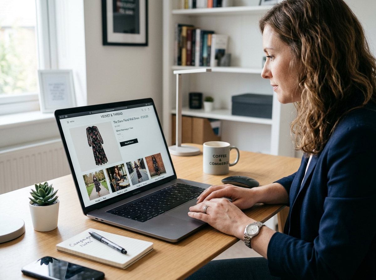 An e-commerce product page showing a hybrid approach with a main ghost mannequin image and on-model thumbnails.