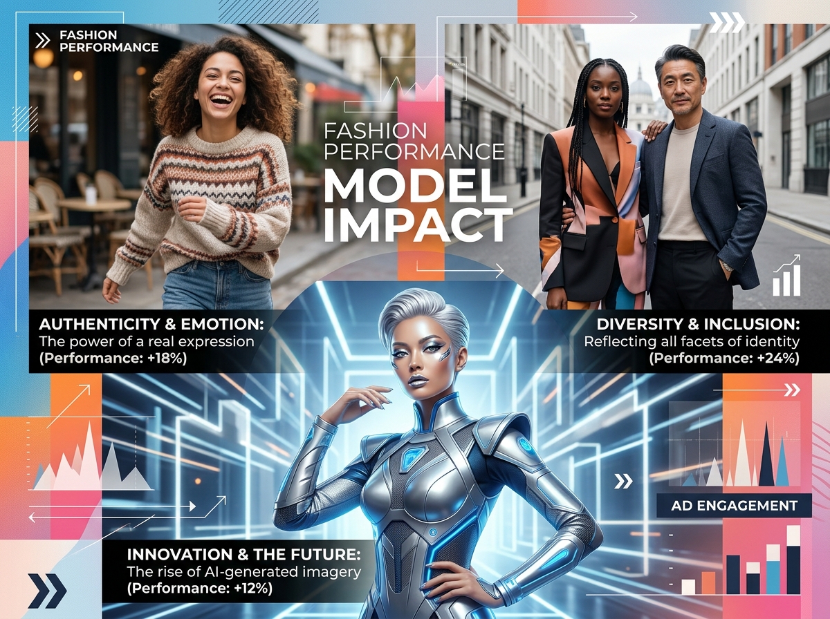A collage of fashion ad images showing a real model, a diverse model, and an AI-generated model to illustrate the impact on fashion ad performance.
