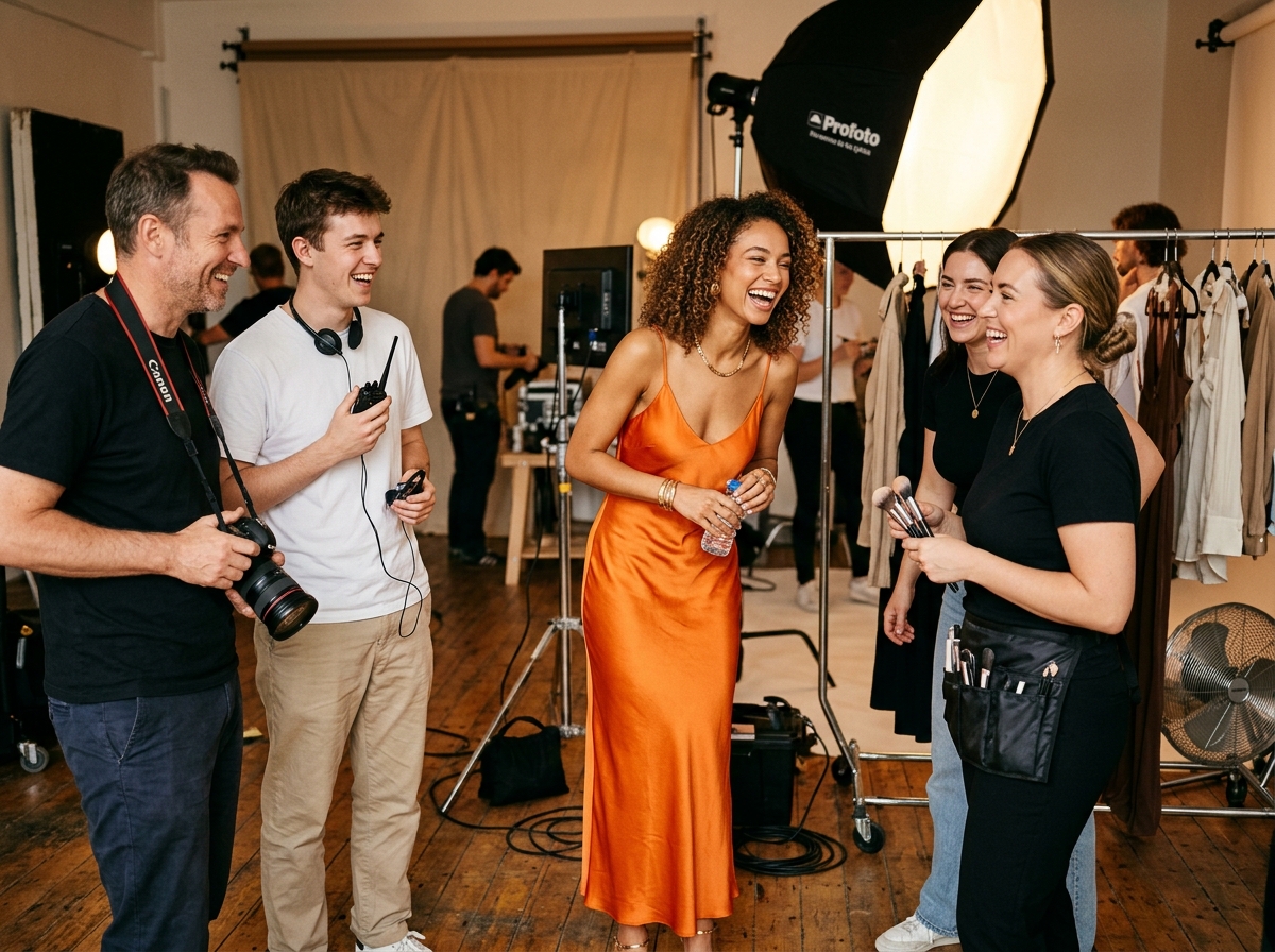 A real model in a behind-the-scenes shot from a fashion photoshoot, looking natural and authentic, which helps to build brand trust and improve ad performance.