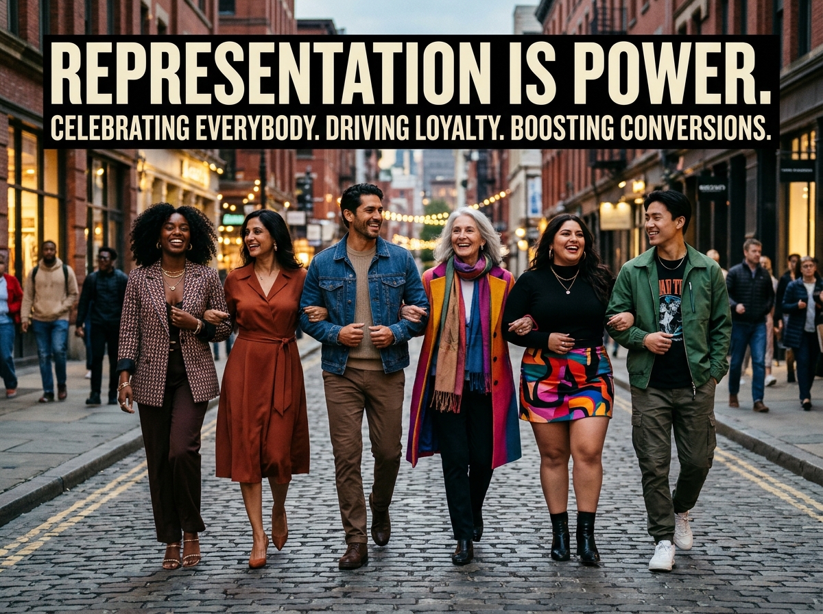 A diverse group of models featured in a successful fashion ad campaign, highlighting the importance of representation in driving conversions and brand loyalty.