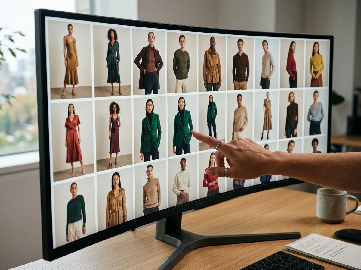 Fashion team reviewing an array of on-model product images for a new collection on a large display.