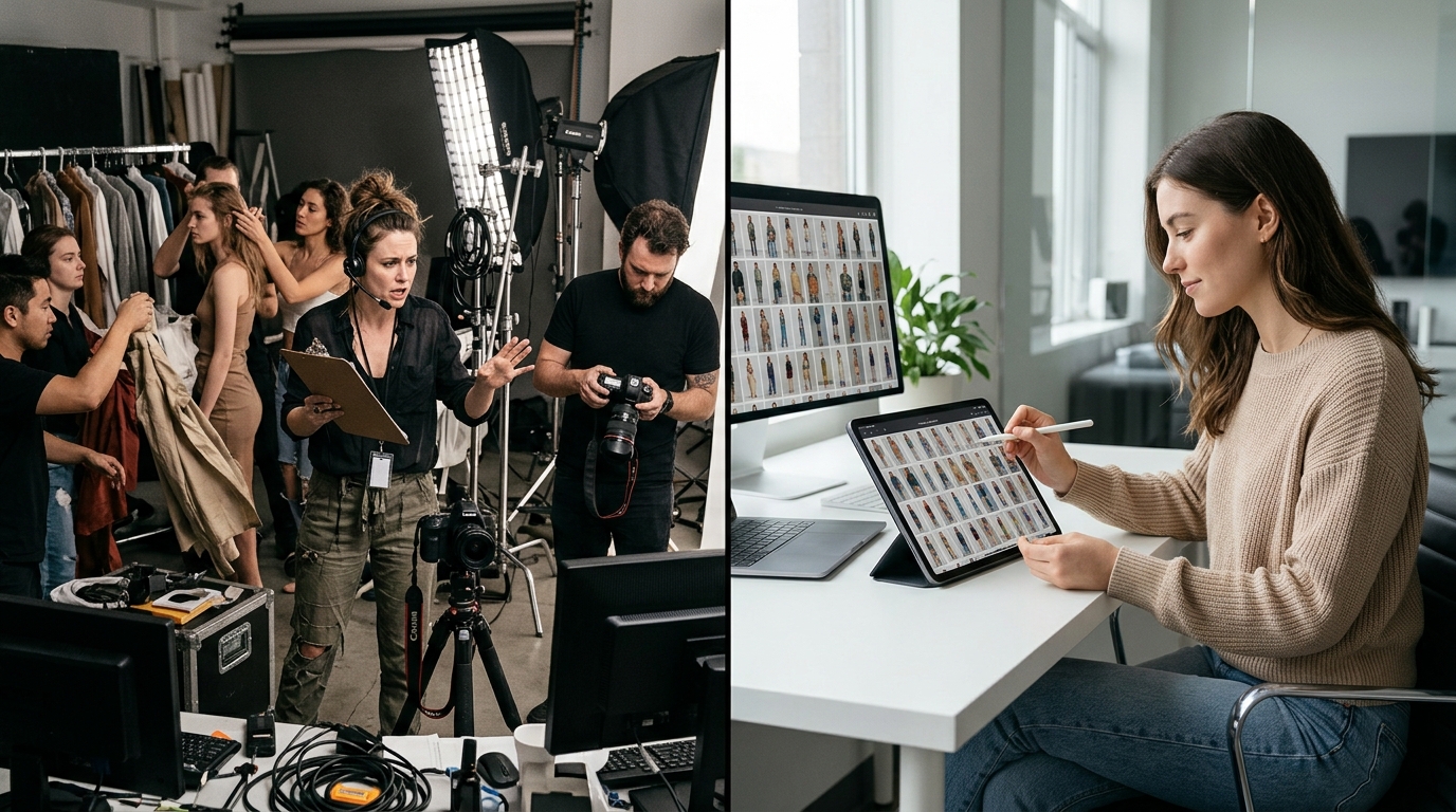 Comparison of a chaotic traditional photoshoot versus a streamlined digital workflow for fashion image production.