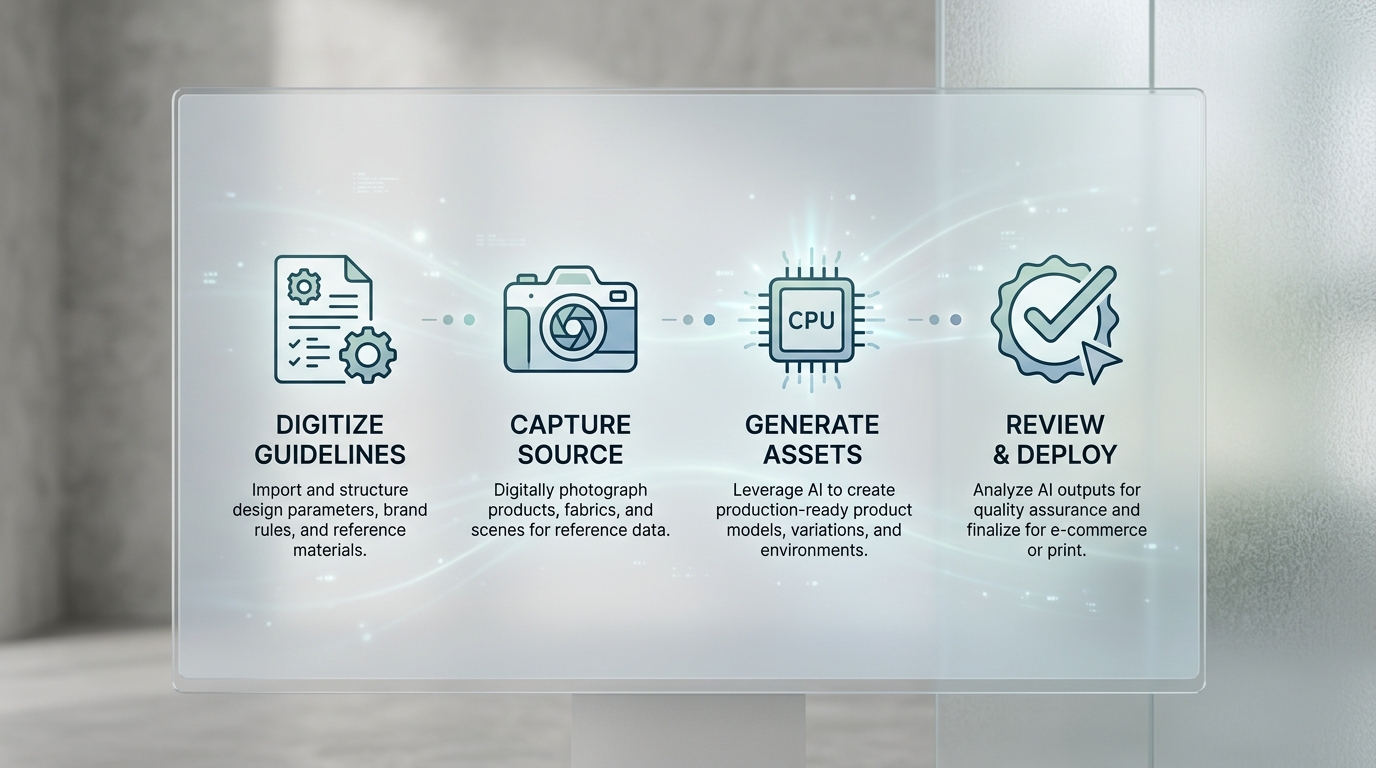 Infographic showing the four-step AI workflow for fashion image production.