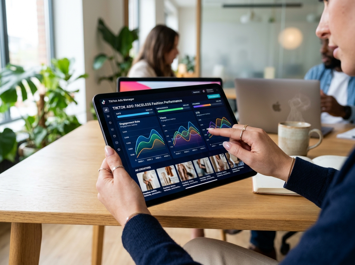A marketing professional analyzing the performance of faceless TikTok fashion ads on a tablet.