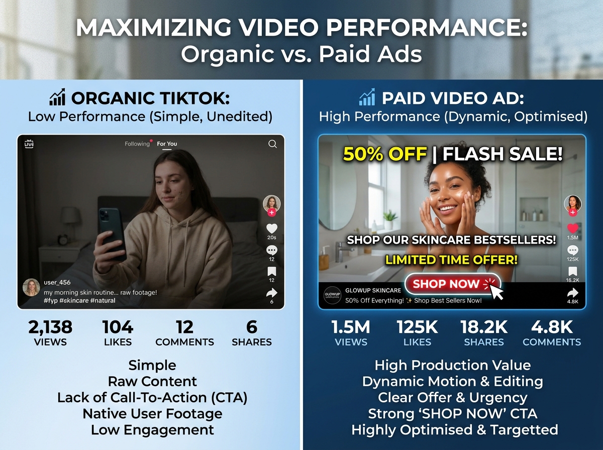 A comparison of an organic TikTok video versus a paid ad creative, highlighting the differences in structure and call-to-action.