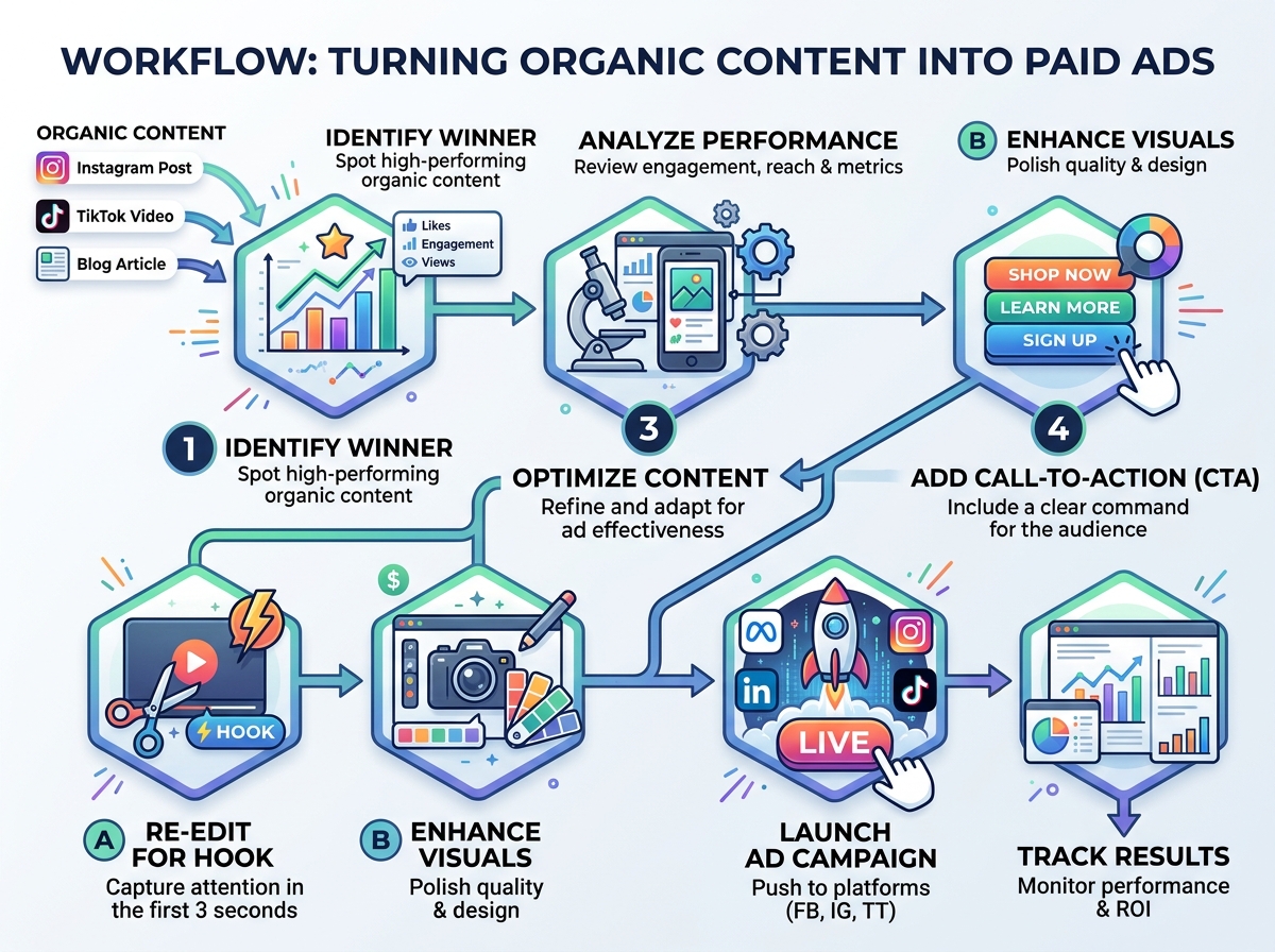 A flowchart showing the process of adapting organic TikTok content for paid advertising campaigns.