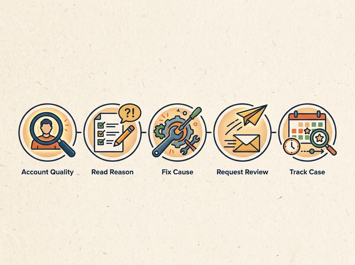 Step-by-step process to appeal a restricted Facebook ad account, from checking Account Quality to tracking the review.